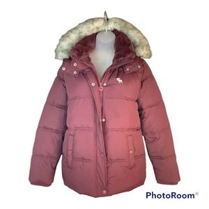 Abercrombie Kids Girls Coat Size 15/16 Maroon Faux Fur Trim Winter Coat Sherpa